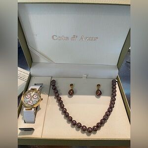 Cote d’Azure Three Piece Jewelry Set Quartz Watch Pearl Necklace and Earrings